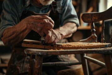 A man working on a piece of wood, suitable for woodworking concepts