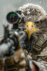 A man in camouflage holding a rifle, looking at the camera. Suitable for military or hunting themes