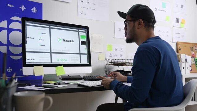 Young Asian Graphic designer working in office. Designing logo Artist Creative Designer Illustrator Graphic Skill Concept.