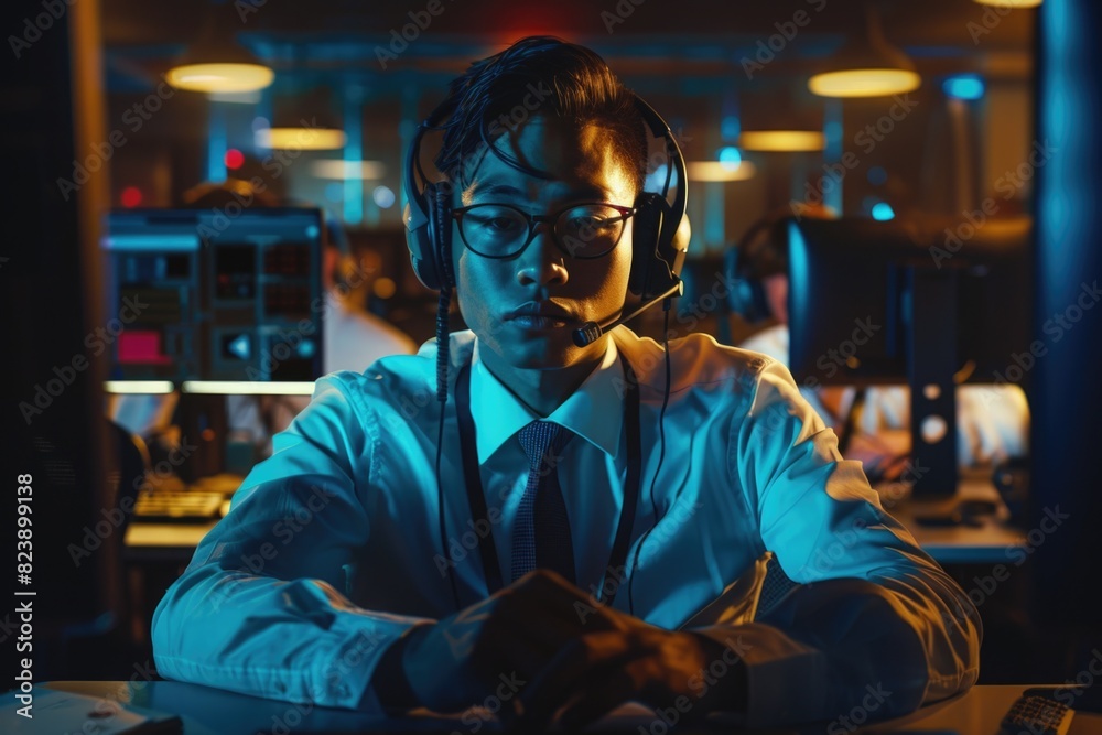 Poster A man wearing a headset sitting in front of a computer. Suitable for technology concepts