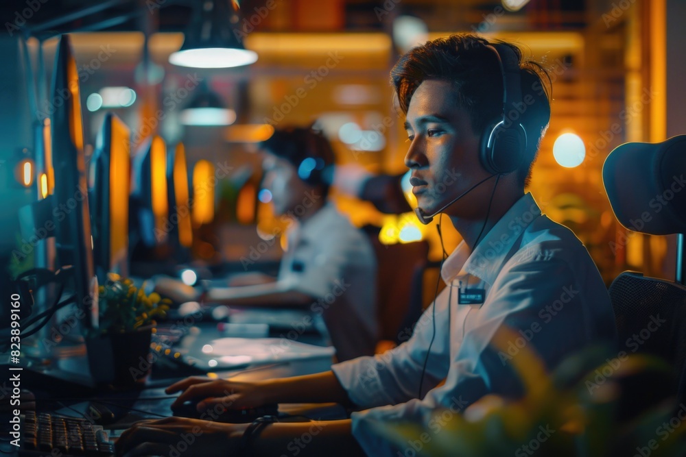 Poster A man wearing a headset sitting in front of a computer. Suitable for technology and customer service concepts