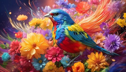 A Painted Bunting bird surrounded be an explosion of colorful flowers 