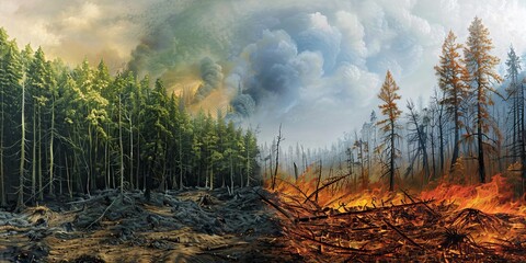 Green and burnt forest showing before and after, fire danger concept. Banner with copy space