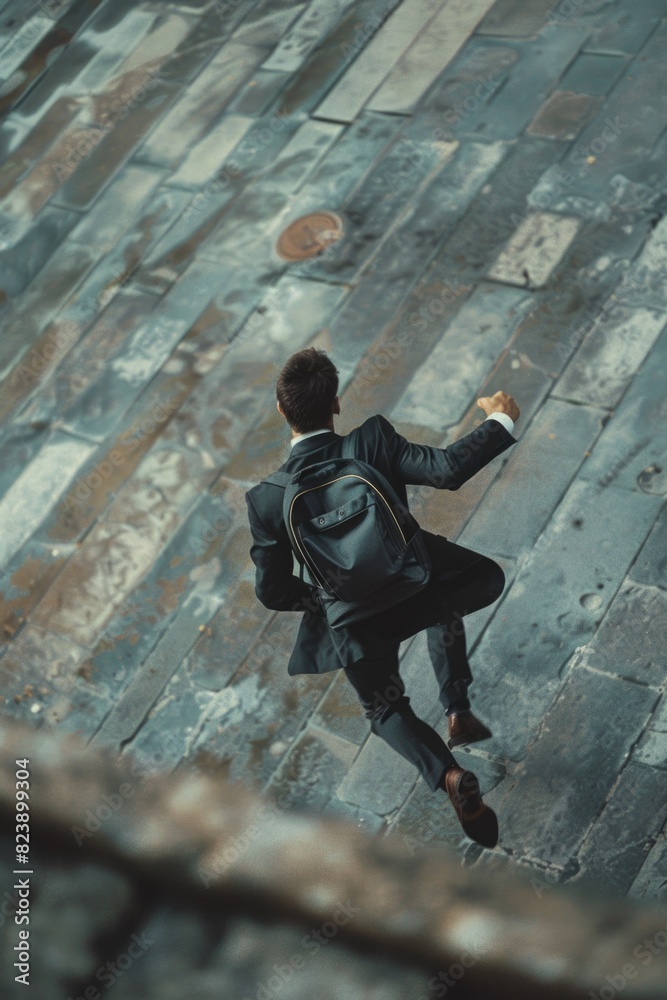 Poster a man in a suit and tie walking up a flight of stairs. suitable for business and success concepts