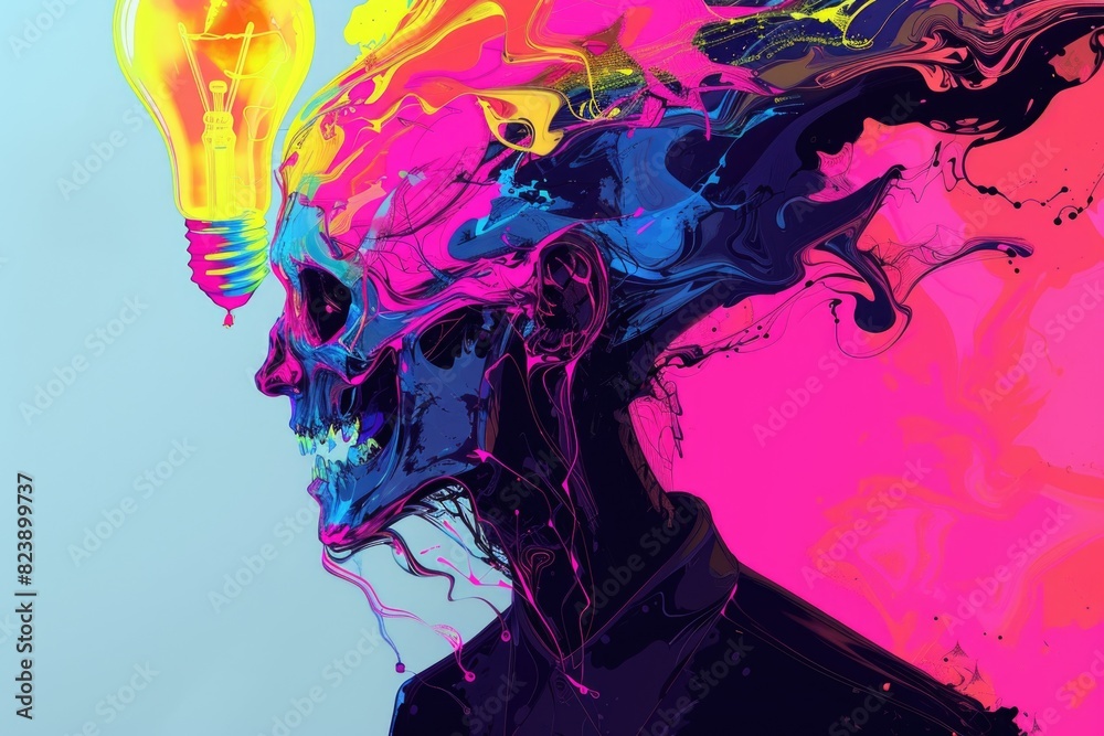 Poster abstract painting of a person with a light bulb on their head. perfect for creative concepts and bra