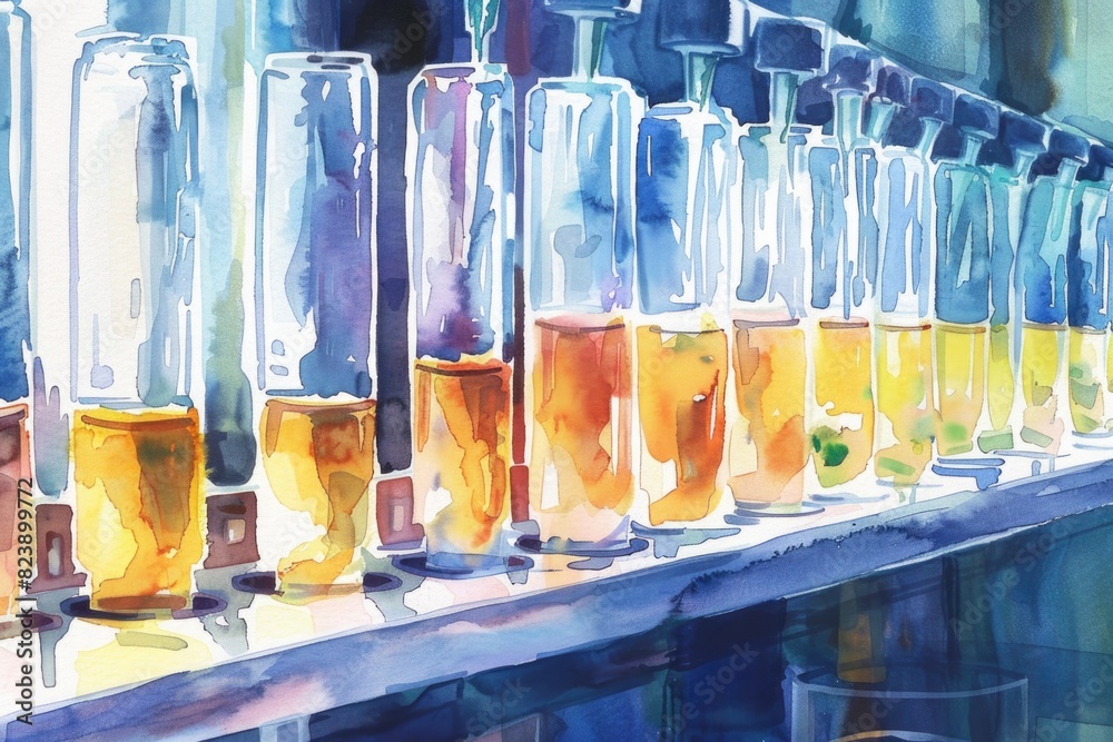 Poster A row of bottles filled with liquid. Perfect for science or laboratory concepts