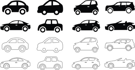 Car icons set. The car from different style vector. Side view black line and flat collection isolated on transparent background. Transportation symbol, traffic sign, travel element for website and app