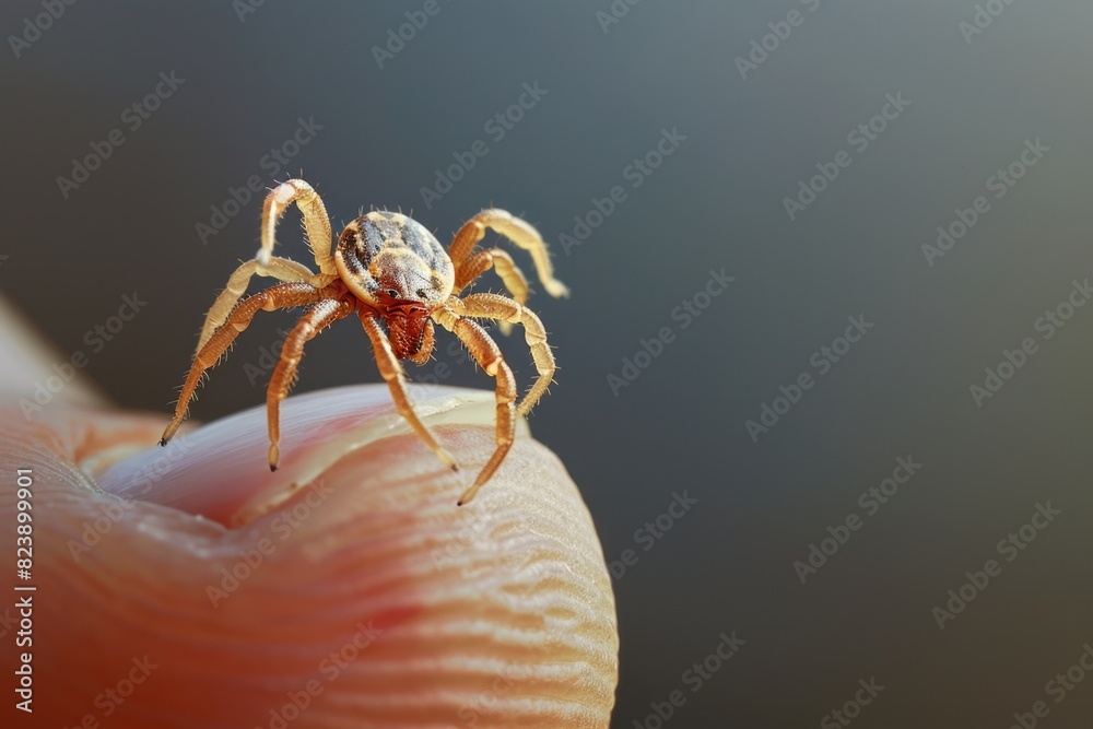 Poster a small spider perched on top of a finger. suitable for nature and insect themes