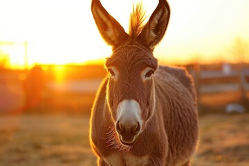 A donkey standing in a field at sunset. Suitable for nature and animal themes - Powered by Adobe