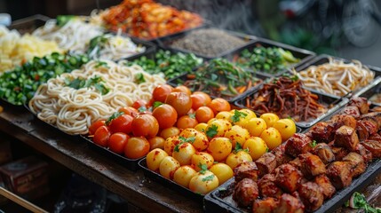 A vibrant street food market stall showcasing a variety of fresh vegetables, noodles, spices, and deliciously seasoned meats, highlighting a rich culinary experience
