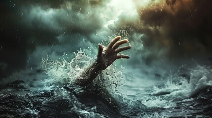 Hand reaching out of sea, final attempt, concept of drowning, (selective focus), high seas, foreboding light, realistic, Double exposure, thunderstorm backdrop