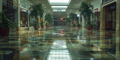 A serene and empty shopping mall corridor with various storefronts, potted plants, and reflections from wet tiles creates a calm and tranquil atmosphere