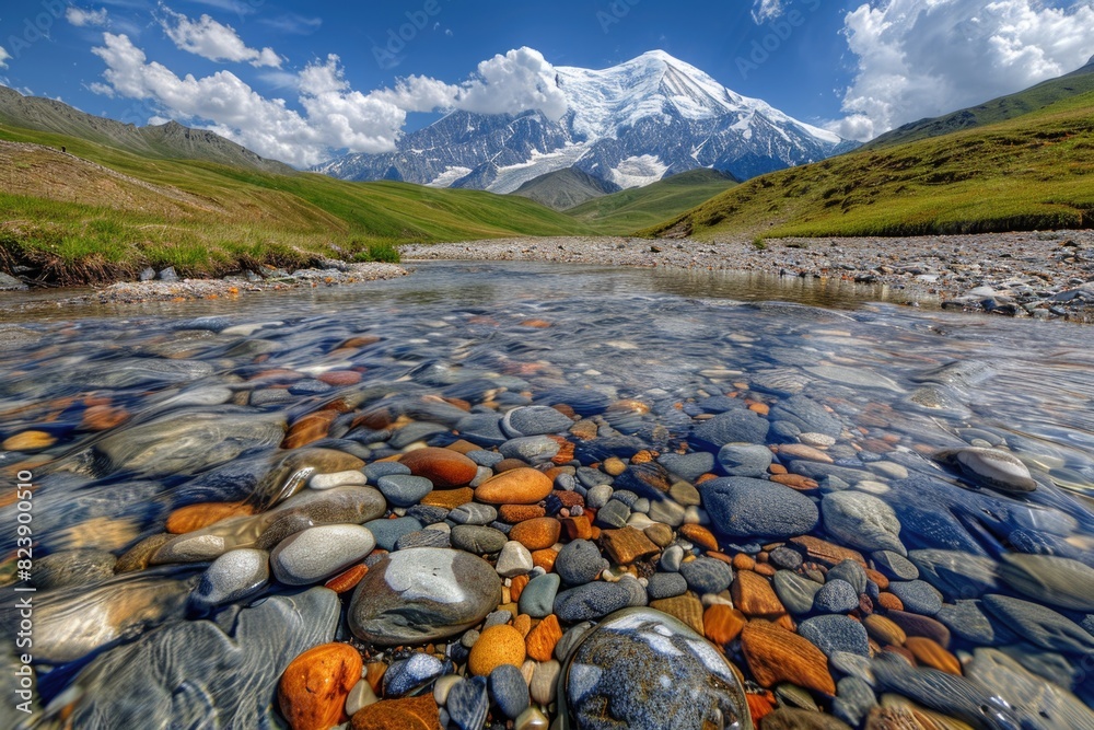 Poster scenic view of a river with rocks and a majestic mountain in the background. perfect for travel and 