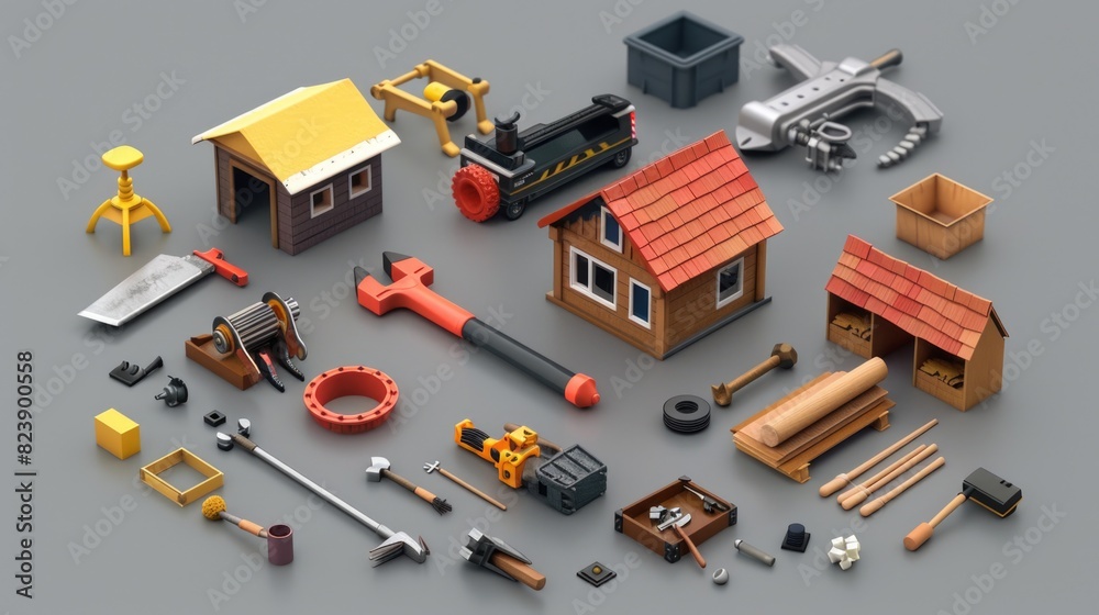 Poster various construction tools on a gray surface, ideal for illustrating construction projects