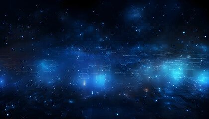 Obraz premium Abstract dark blue digital background with sparkling blue light particles and areas with deep depths Particles form into lines, surfaces and grids