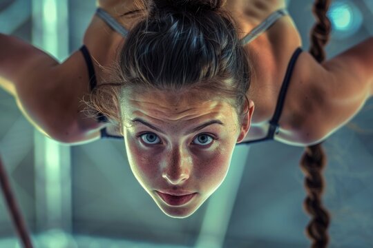 A woman performing acrobatic pole dance. Suitable for fitness or dance concepts