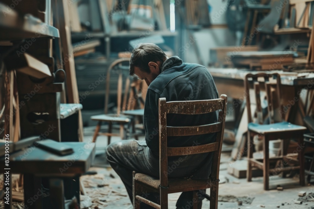 Poster a man seated in a workshop setting. suitable for industrial concepts
