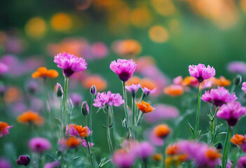 Fototapeta premium Colorful pink and orange flowers in the garden with selective focus