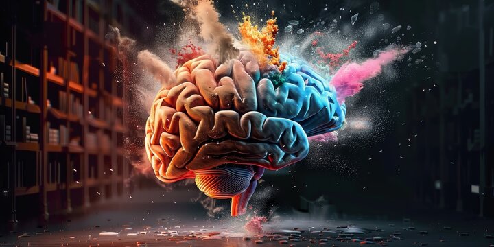 Concept art of a human brain exploding with knowledge and creativity.