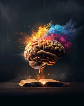 Concept art of a human brain exploding with knowledge and creativity.