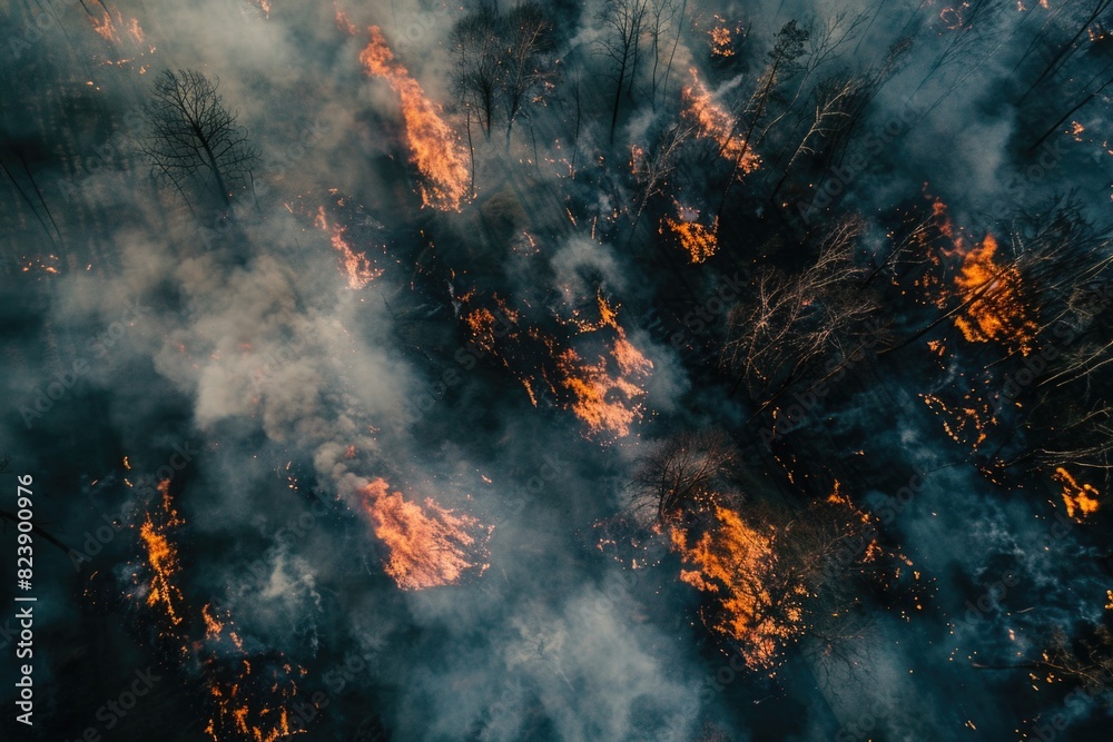 Poster aerial view of a raging fire in the woods, suitable for environmental and disaster concepts