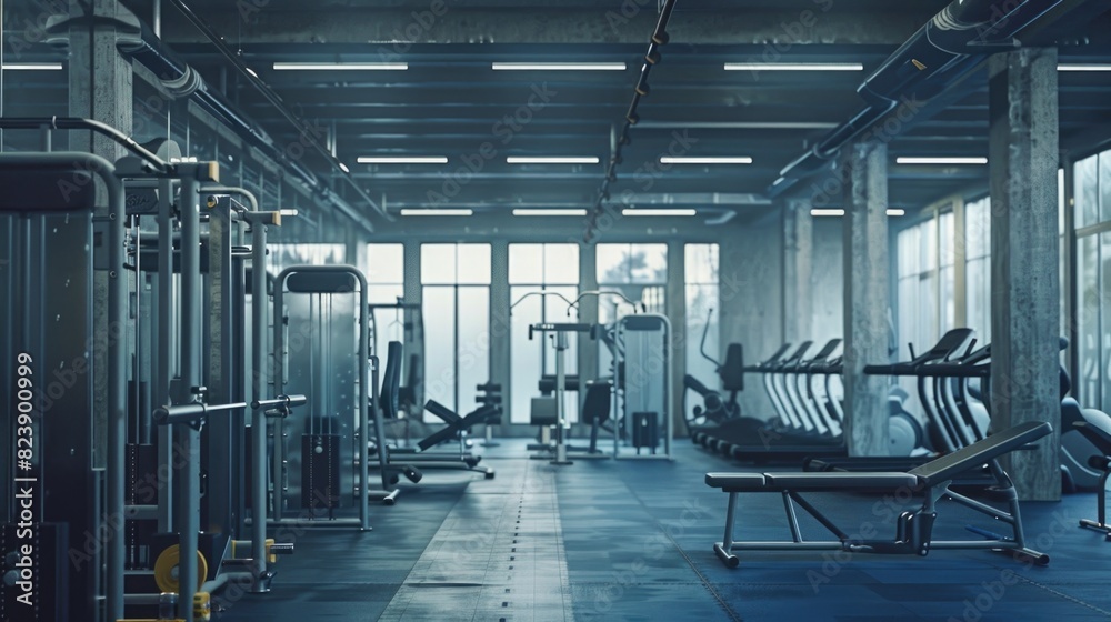 Poster a modern gym with various exercise machines and benches. ideal for fitness and health-related concep