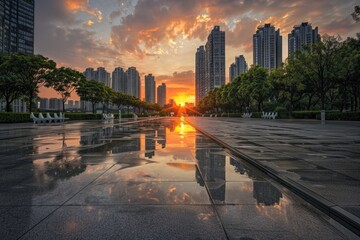 Fototapeta premium A beautiful sunset over the city skyline, perfect for urban backgrounds or travel websites