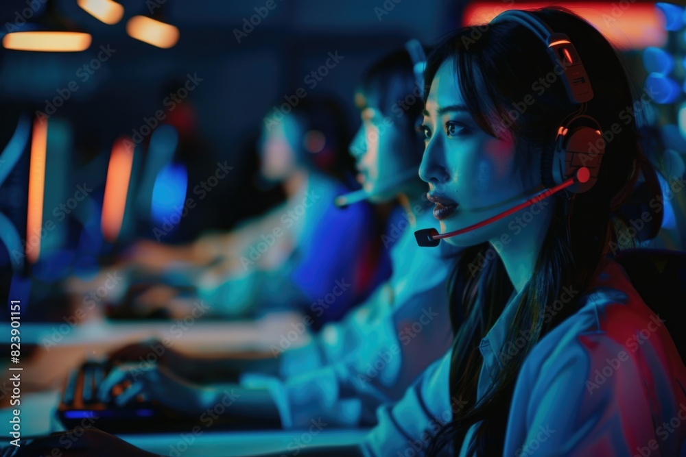 Poster a woman sitting in front of a computer wearing a headset. suitable for office or remote work concept
