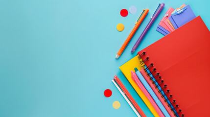 Colorful school supplies on blue background