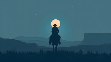 Lone cowboy riding during midnight