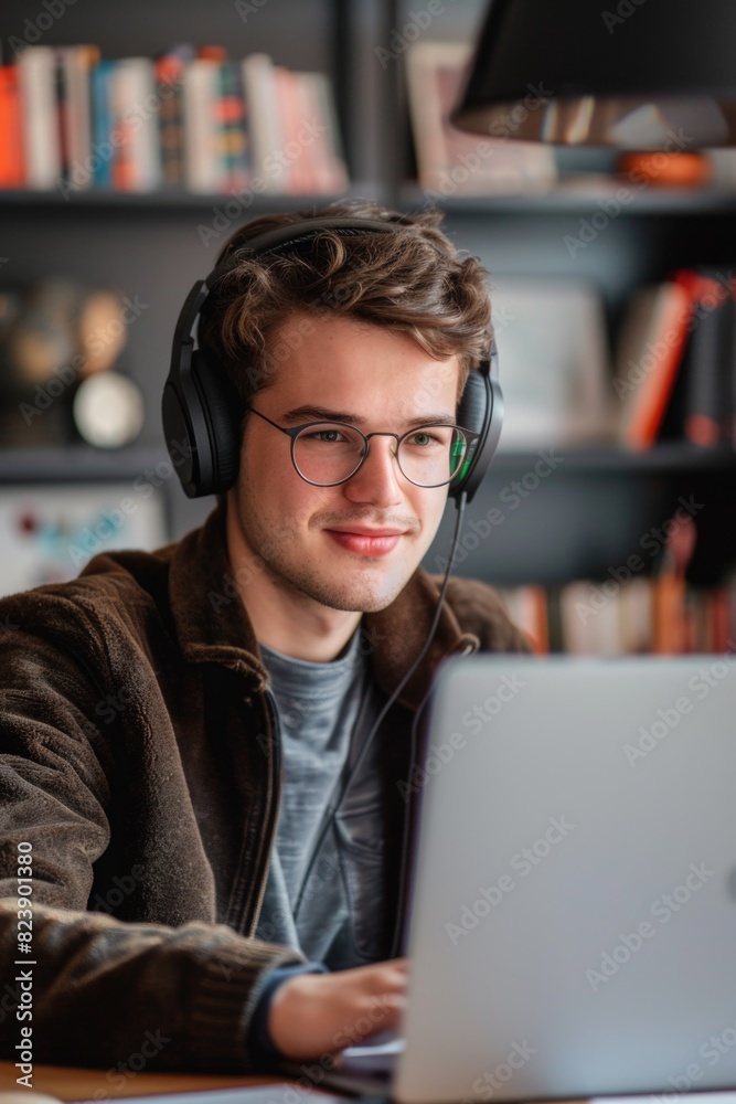 Poster a man wearing headphones while using a laptop. suitable for technology concepts