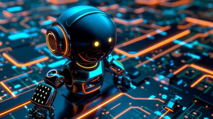 A sleek black robot with glowing yellow accents stands on a glowing blue neon circuit board, symbolizing advanced technology and artificial intelligence.