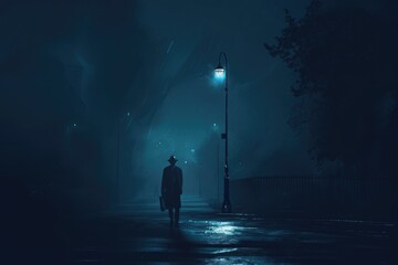 Fototapeta premium Person walking down a street at night, suitable for urban lifestyle themes