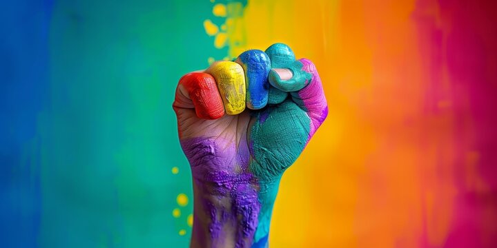 Rainbow colored hand with a fist raised up. Gay Pride. LGBT concept 