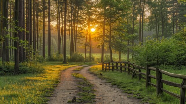 A serene forest path illuminated by the warm glow of the setting sun, surrounded by lush greenery and a wooden fence, creating a peaceful and tranquil scene