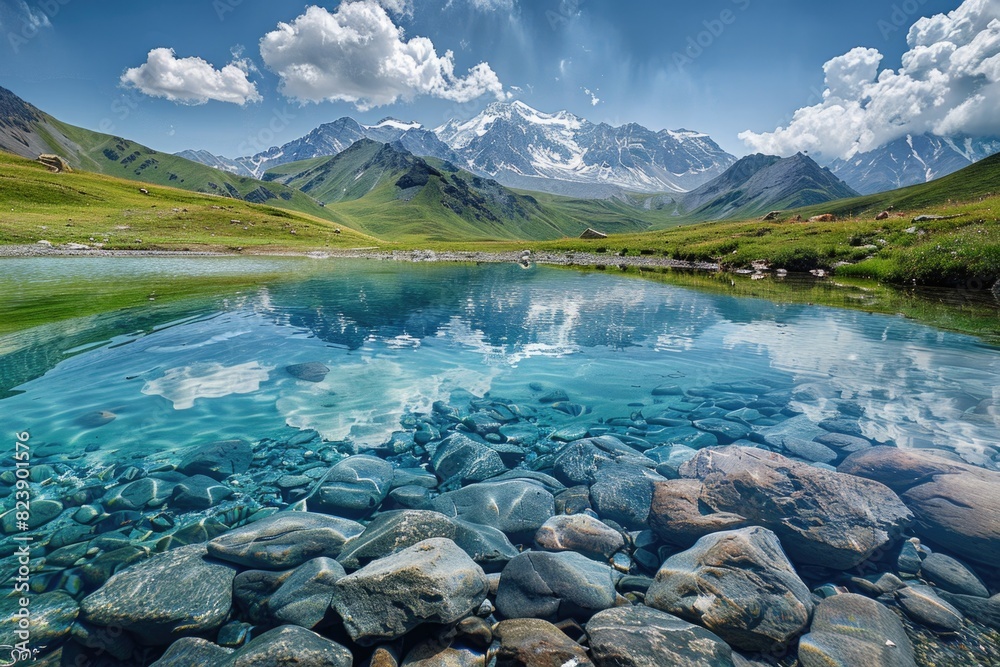 Poster scenic view of water surrounded by rocks and grass. ideal for nature and travel concepts
