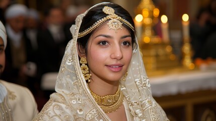 A bride in traditional attire adorned with intricate jewelry and a bejeweled headpiece looks gracefully into the camera during a cultural wedding ceremony