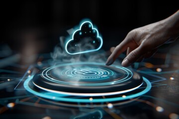 Obraz premium Hand interacting with holographic digital cloud for secure online data protection and network safety