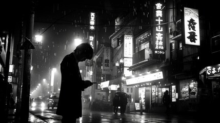A man standing alone in a rainy night on a city street illuminated by neon lights and signs in an urban environment