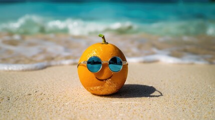 Naklejka premium Citrus Cool: Orange With Sunglasses Relaxing on Beach Sands