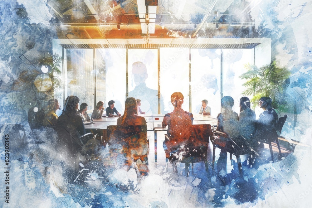 Poster a group of individuals gathered around a table. suitable for business or social concepts