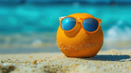 Obraz premium Citrus Chic: Orange in Sunglasses Relaxing on Beach