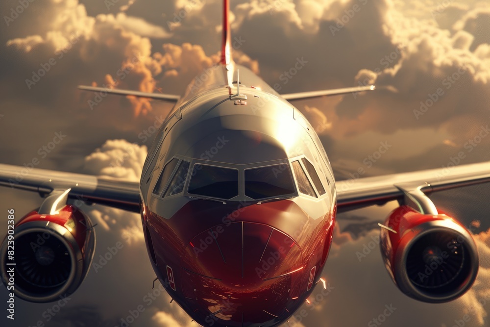 Poster a red and white airplane flying through the clouds. suitable for travel and aviation concepts