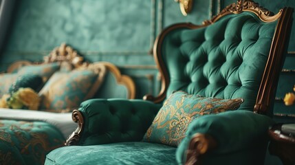 A green chair with gold accents sits in a room with a green wall