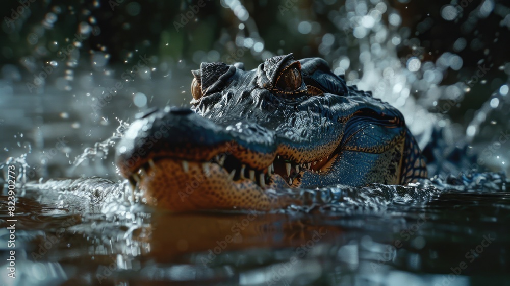 Poster close-up shot of an alligator in the water. suitable for wildlife and nature concepts