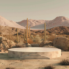An empty platform as a mockup with desert in the background