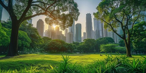 Green environment city and downtown business district. Public park in metropolis city center