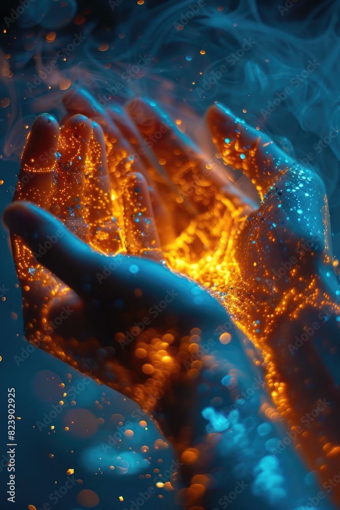 Poster a person holding a glowing object, suitable for various concepts and designs