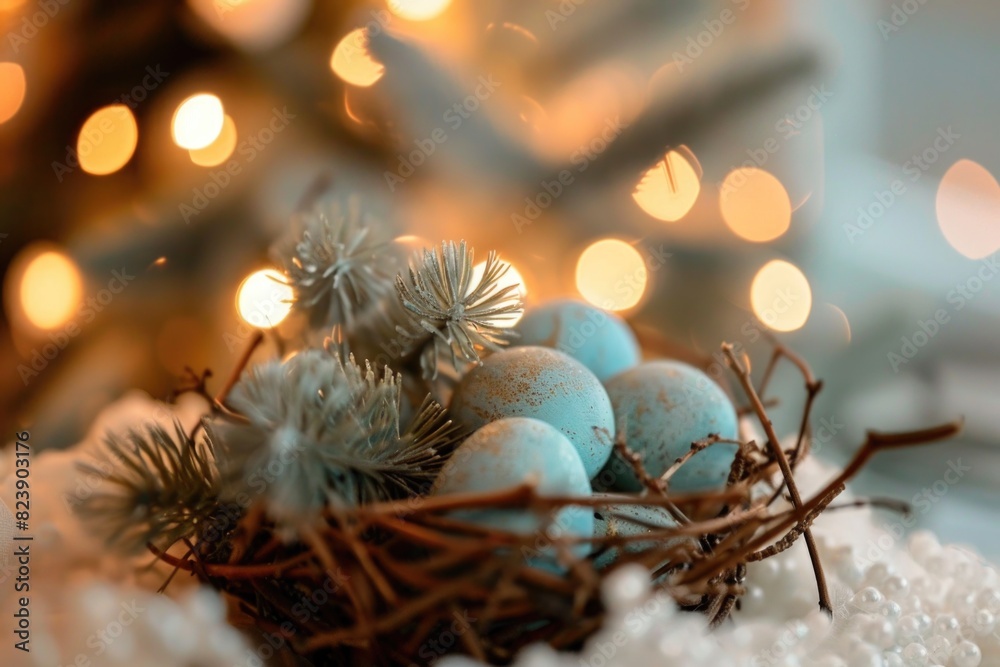 Poster close up of a bird nest on a table, suitable for nature and wildlife concepts