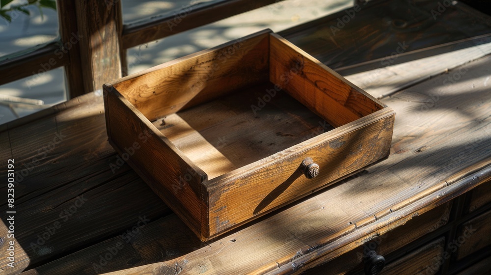 Poster a wooden box on a table, suitable for various concepts